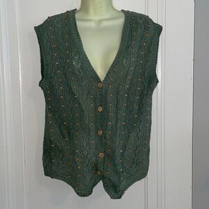 Vtg 80s/90s Cambridge Dry Goods‎ Company sage green wooden beaded sweater vest